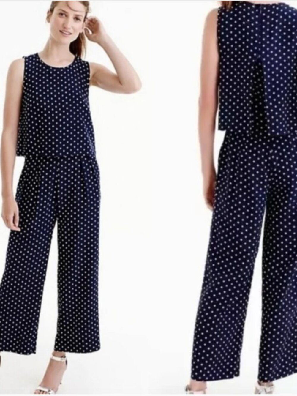 J. Crew 100% Silk Polka Dot Popover Wide Leg Jumpsuit Womens‎ Size 2